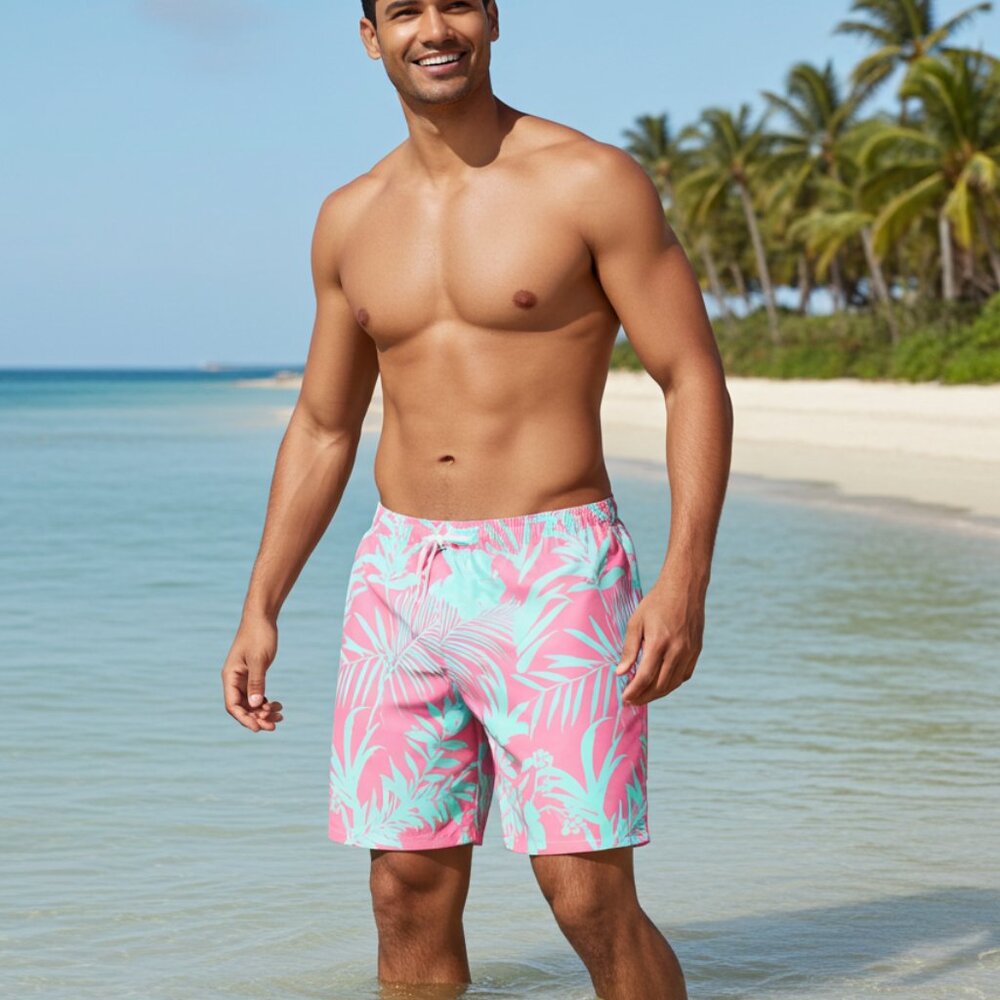 Men's 7.5-8" Inseam Swim Trunks, Tropical Pink Sea Blue XL
